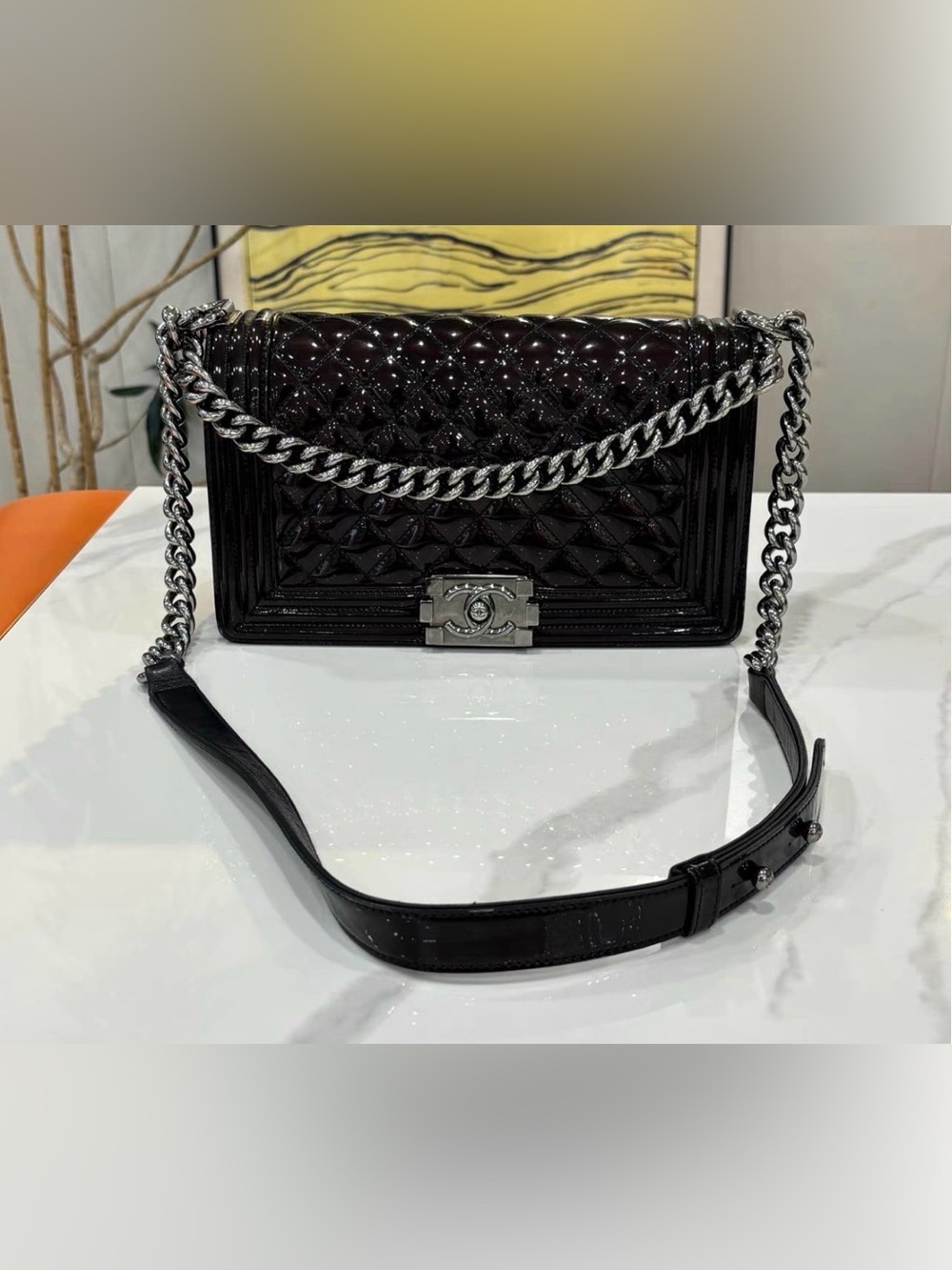 CHANEL Black Quilted Patent Leather Boy Bag with Silver Chain Strap